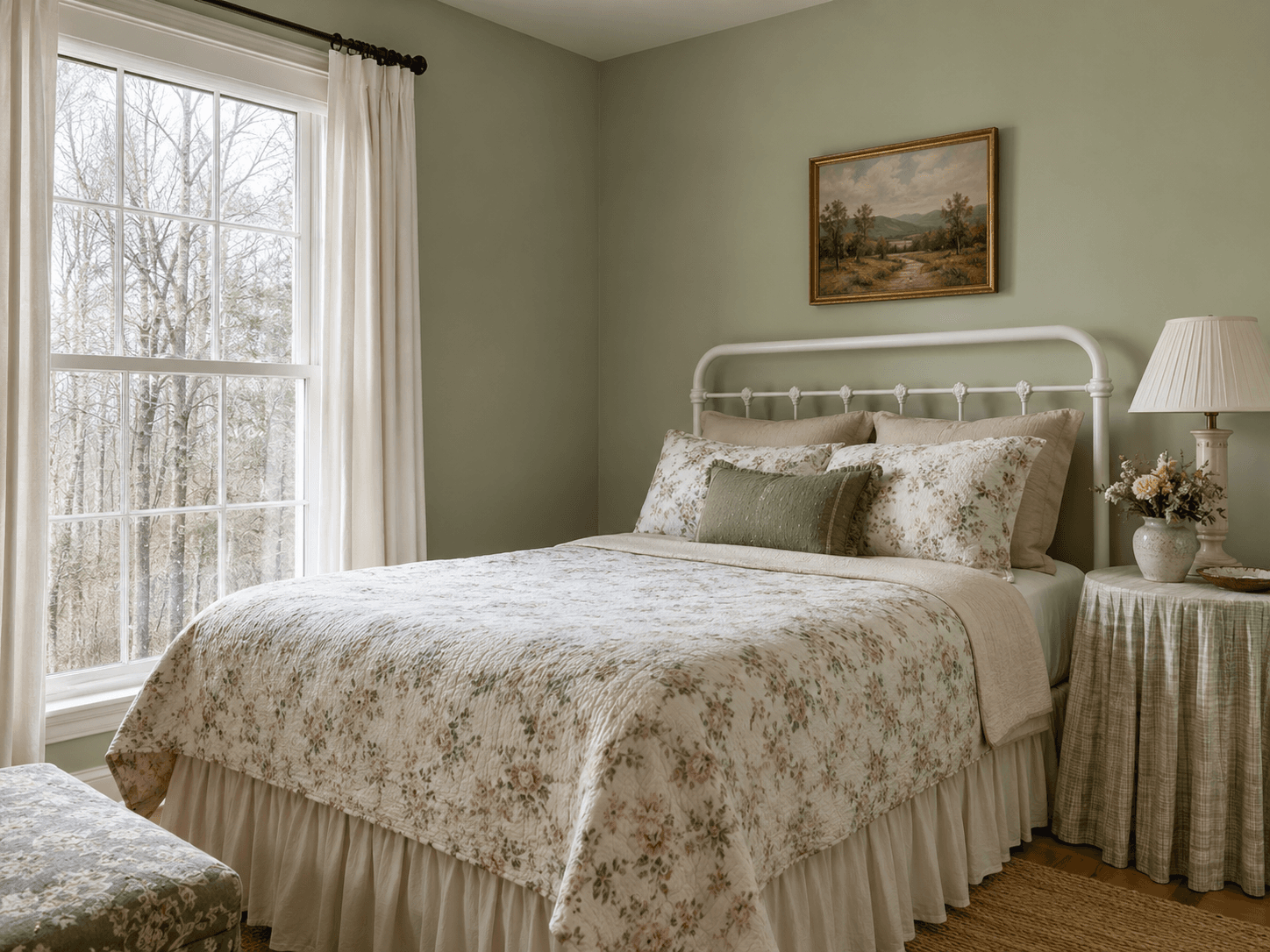 Sage-walled guest bedroom with a white metal bed, floral quilt and skirted nightstand