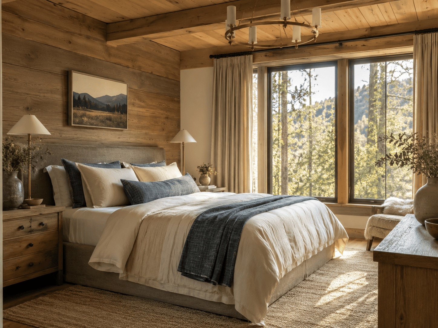 Cabin bedroom with wood walls, layered cream linens, navy pillows and a forest window