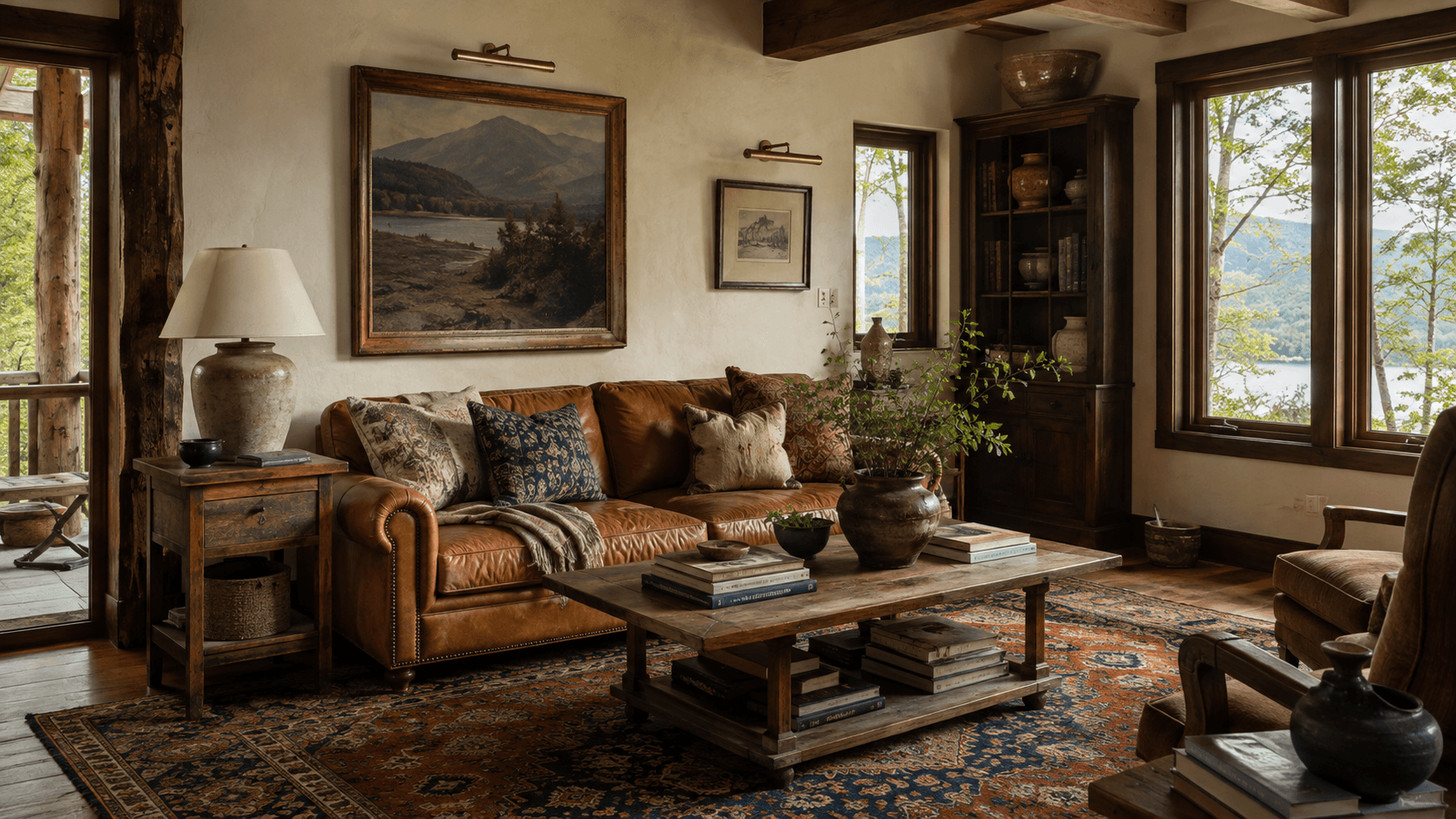 Cabin living room with a cognac leather sofa, Persian rug and a landscape over the sofa