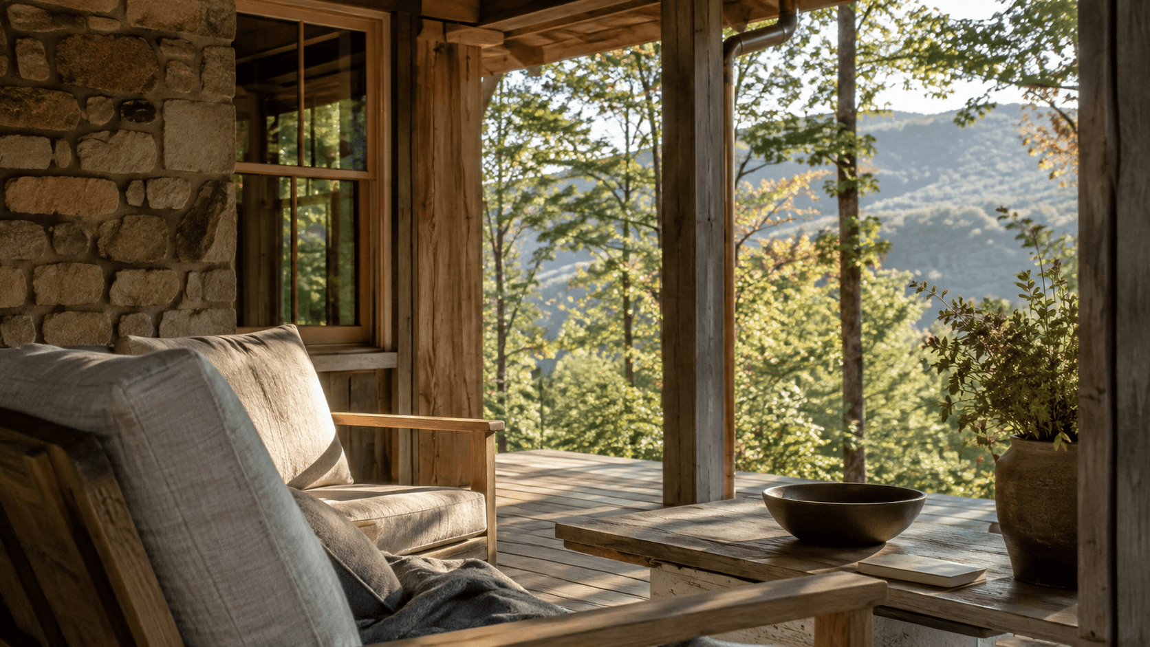 Covered wood porch with a linen armchair looking toward wooded mountains