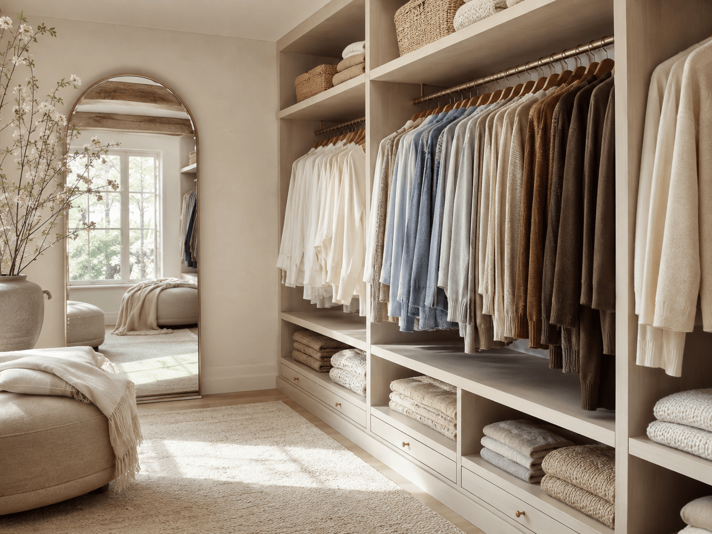 Walk-in closet with clothing arranged by color, open shelves and a round ottoman