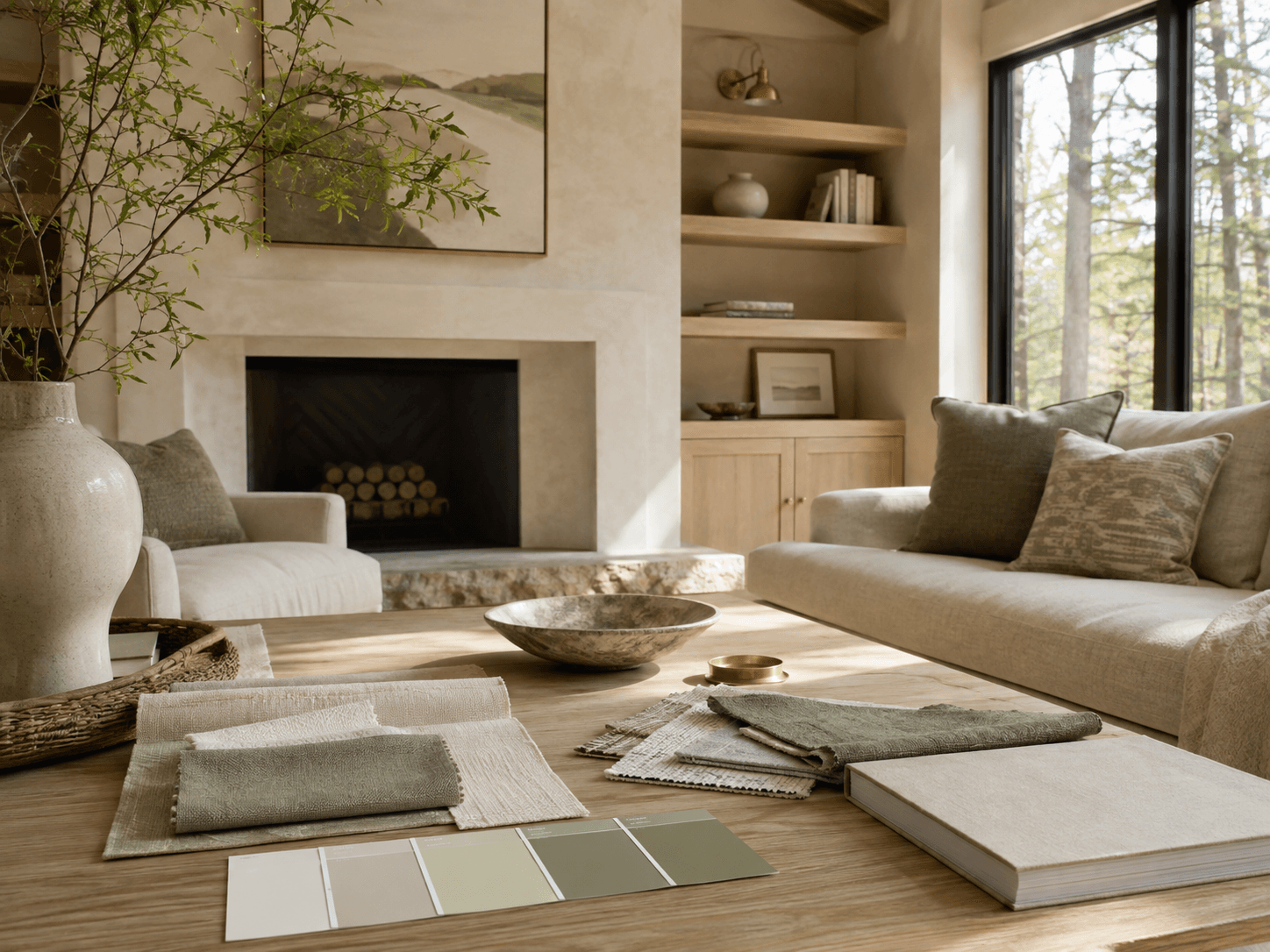 Coffee table with fabric swatches, a paint strip and a linen book in a sunlit living room