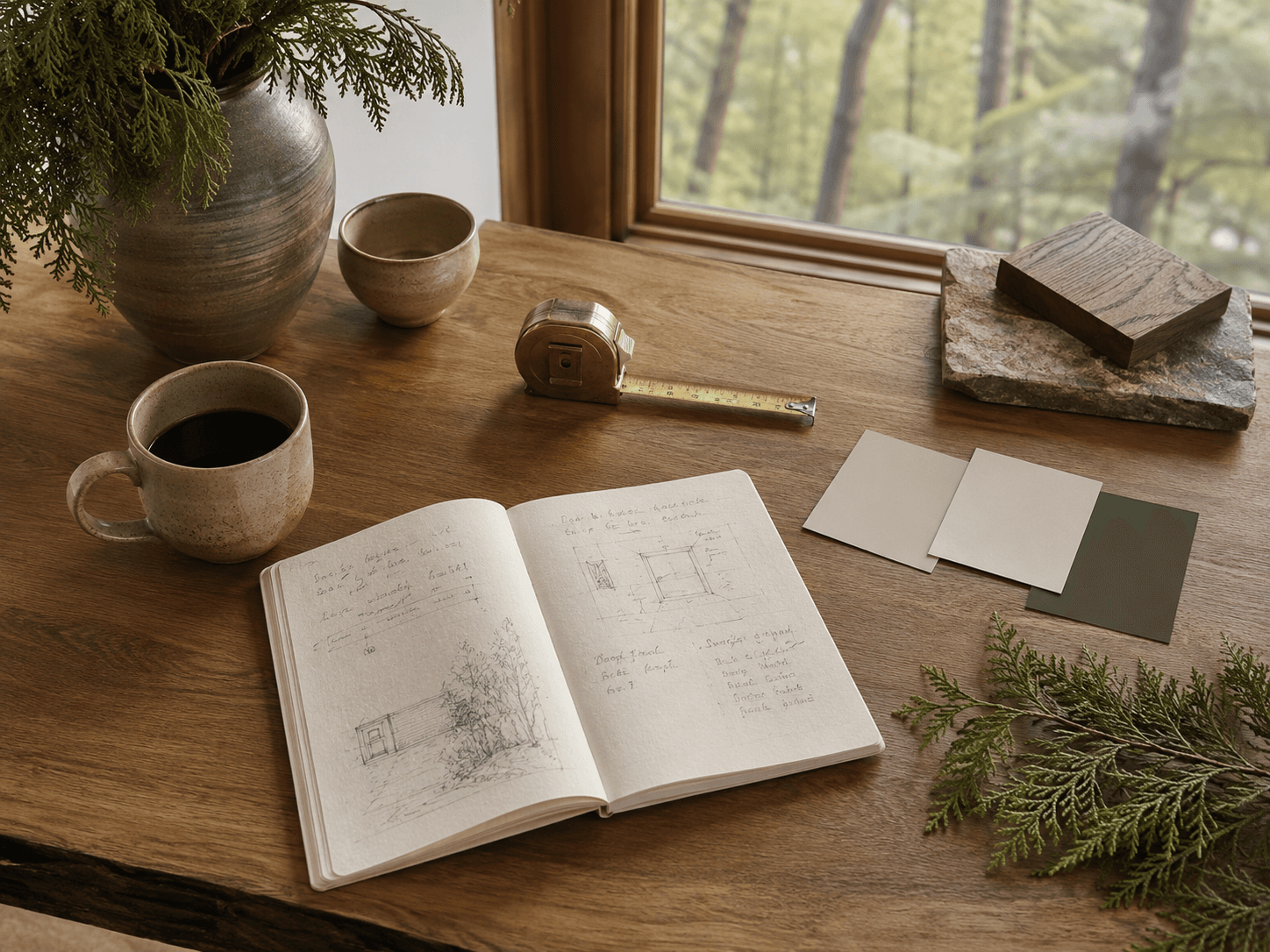 Open notebook, paint chips, a tape measure and coffee on a wood desk by the woods
