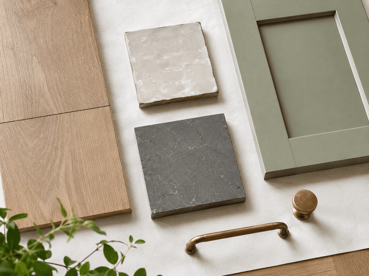 Sage cabinet door, oak plank, tile, stone and aged-brass hardware arranged as samples