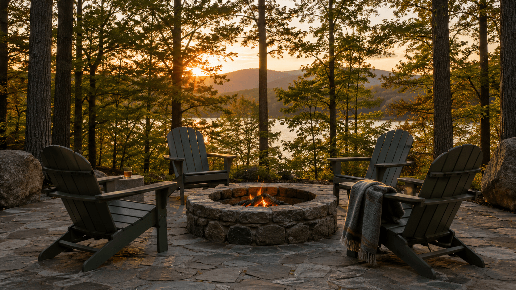 Stone fire pit and green Adirondack chairs facing woods and a lake at sunset
