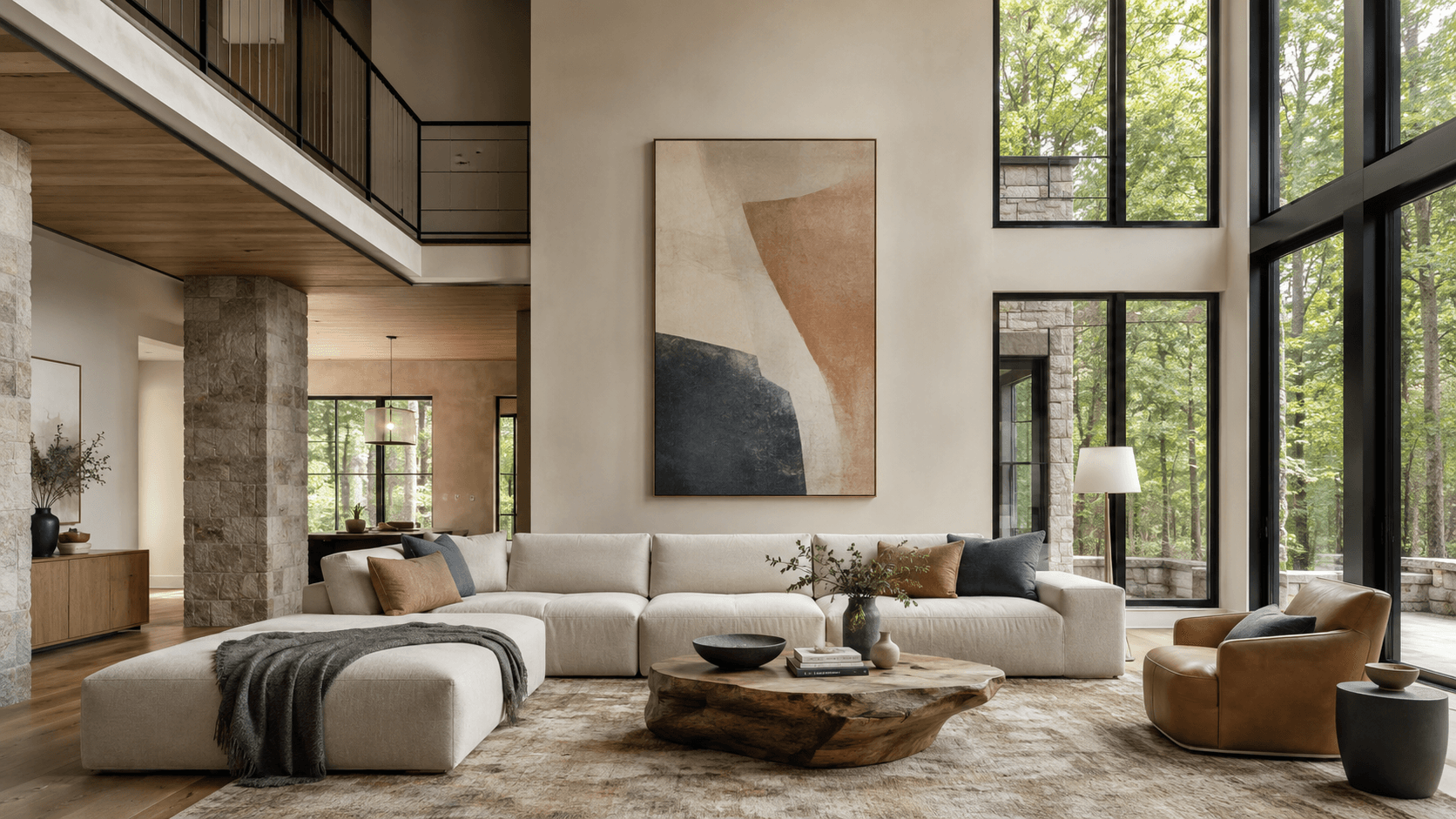 Double-height living room with a low sectional, live-edge table and black-framed windows