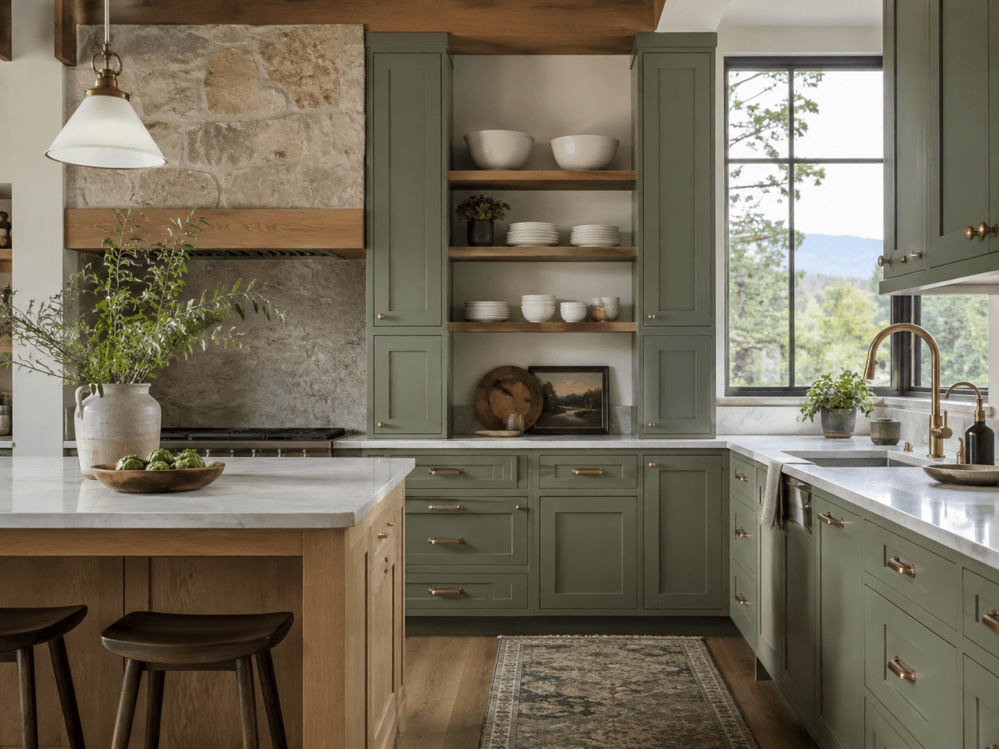 Kitchen with sage shaker cabinets, a wood island, marble counters and brass hardware