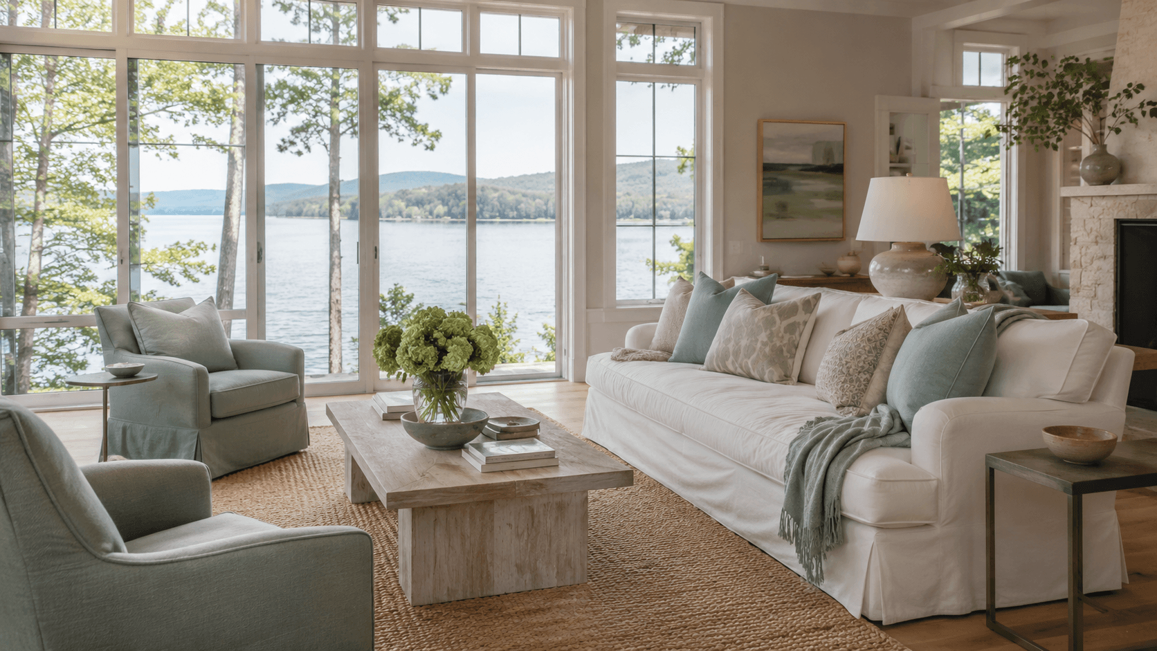 Light lake-house living room with a slipcovered sofa and windows opening to the water