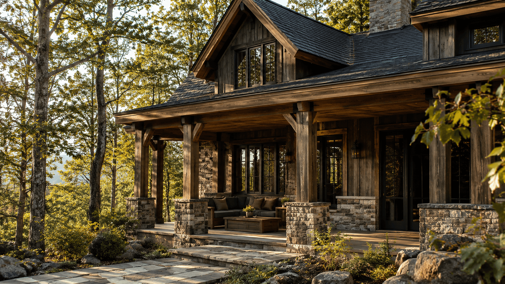 Timber and stone cabin with a covered porch set among trees in the North Georgia mountains