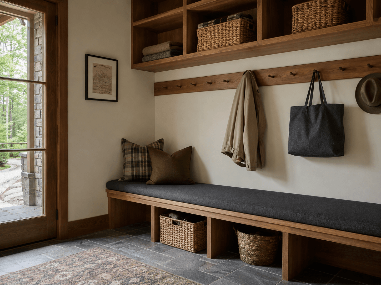 Mudroom with a wood bench, peg rail, woven baskets and slate tile