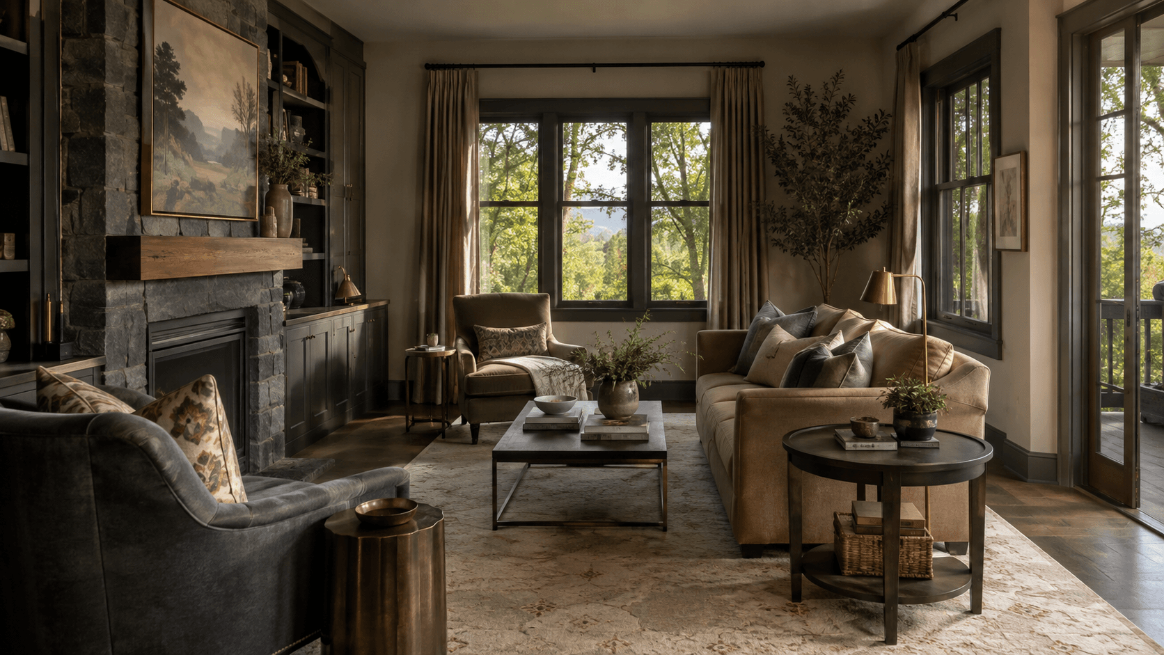 Furnished living room with a tan sofa, charcoal chair and dark stone fireplace