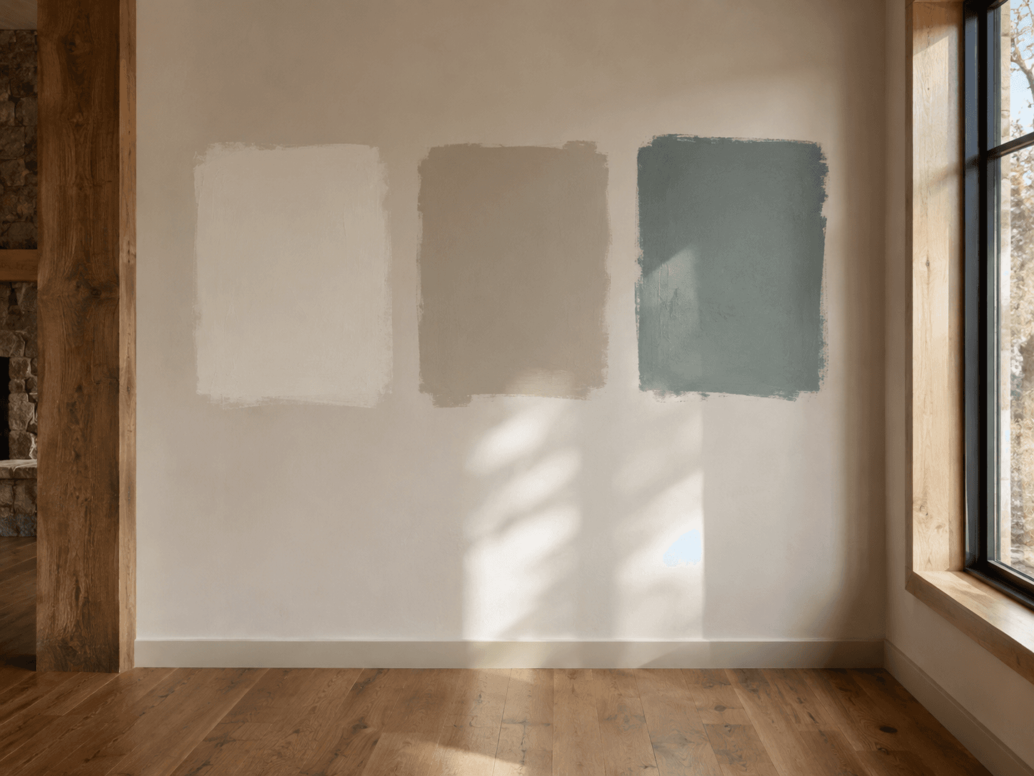 Three painted sample squares in cream, greige and sage on a sunlit interior wall