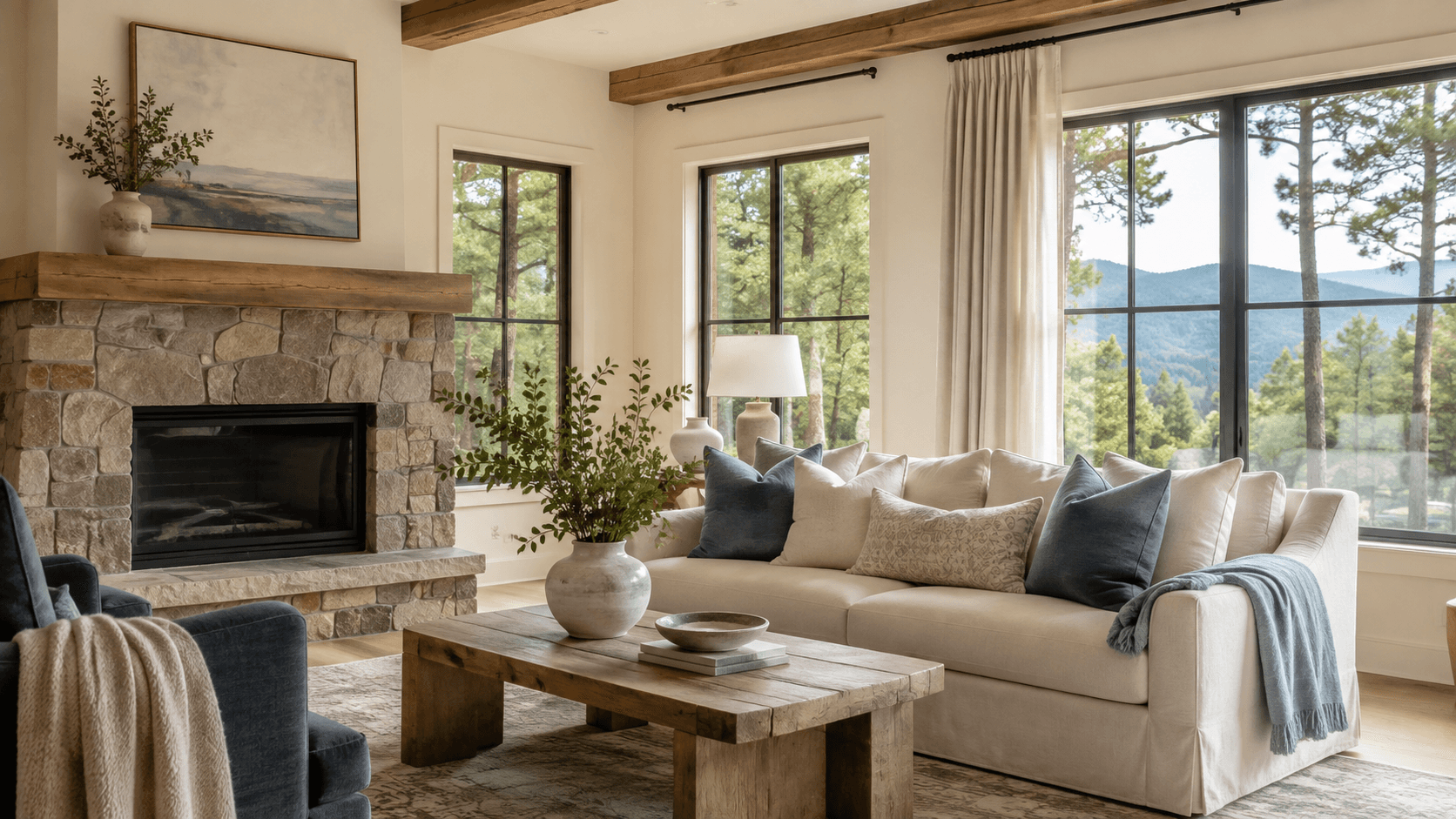 Bright living room with a cream sofa, stone fireplace and mountain view through black-framed windows