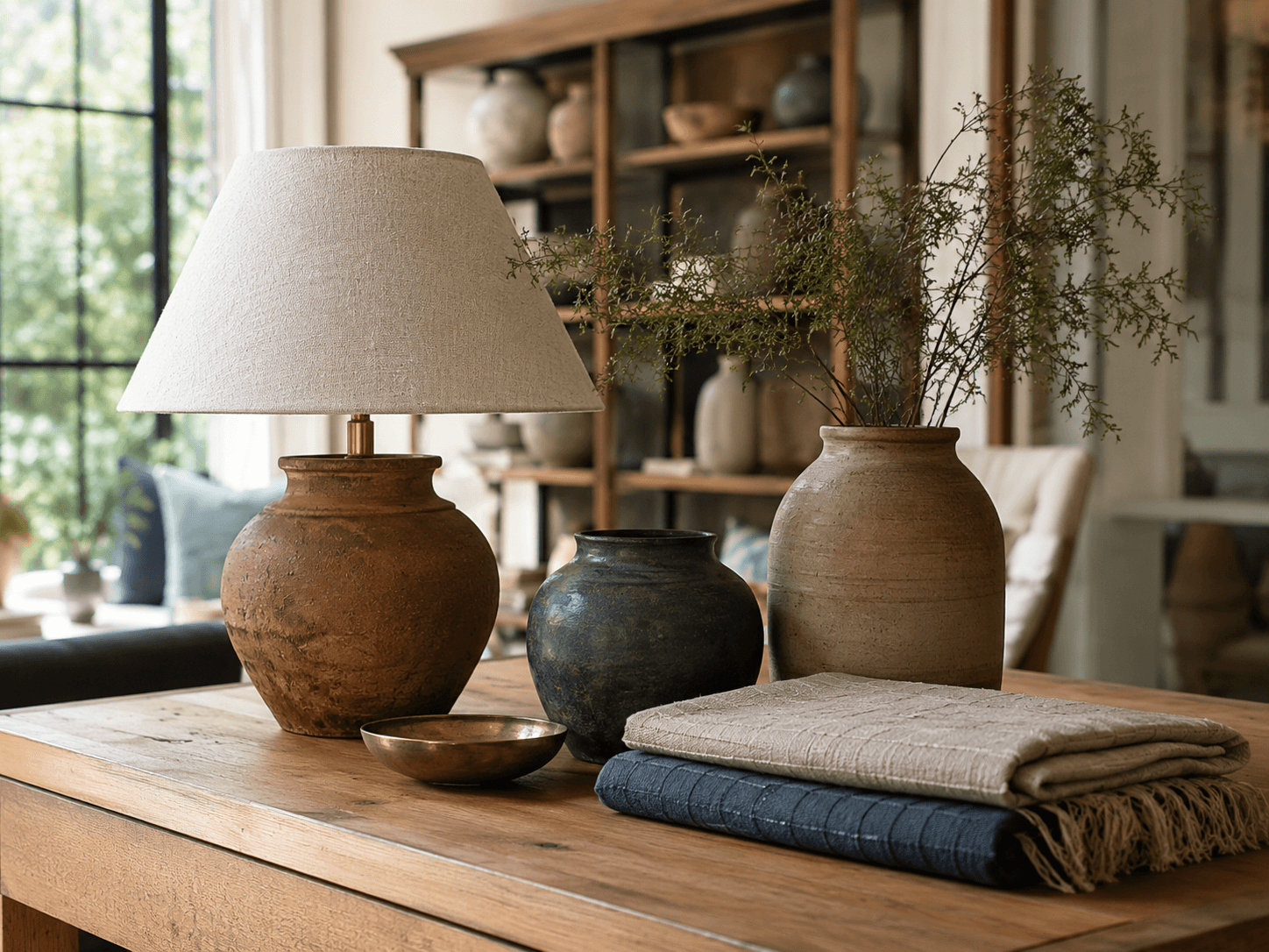 Ceramic lamp, vessels and folded linens arranged on a wood table