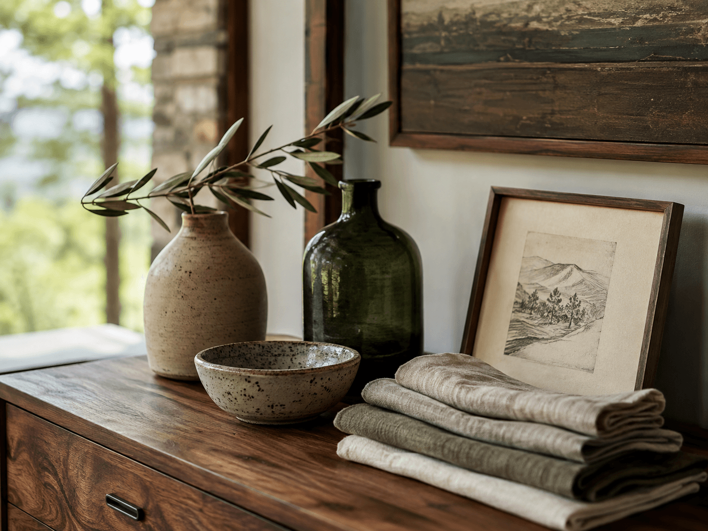 Walnut dresser styled with speckled pottery, olive branches and folded linens