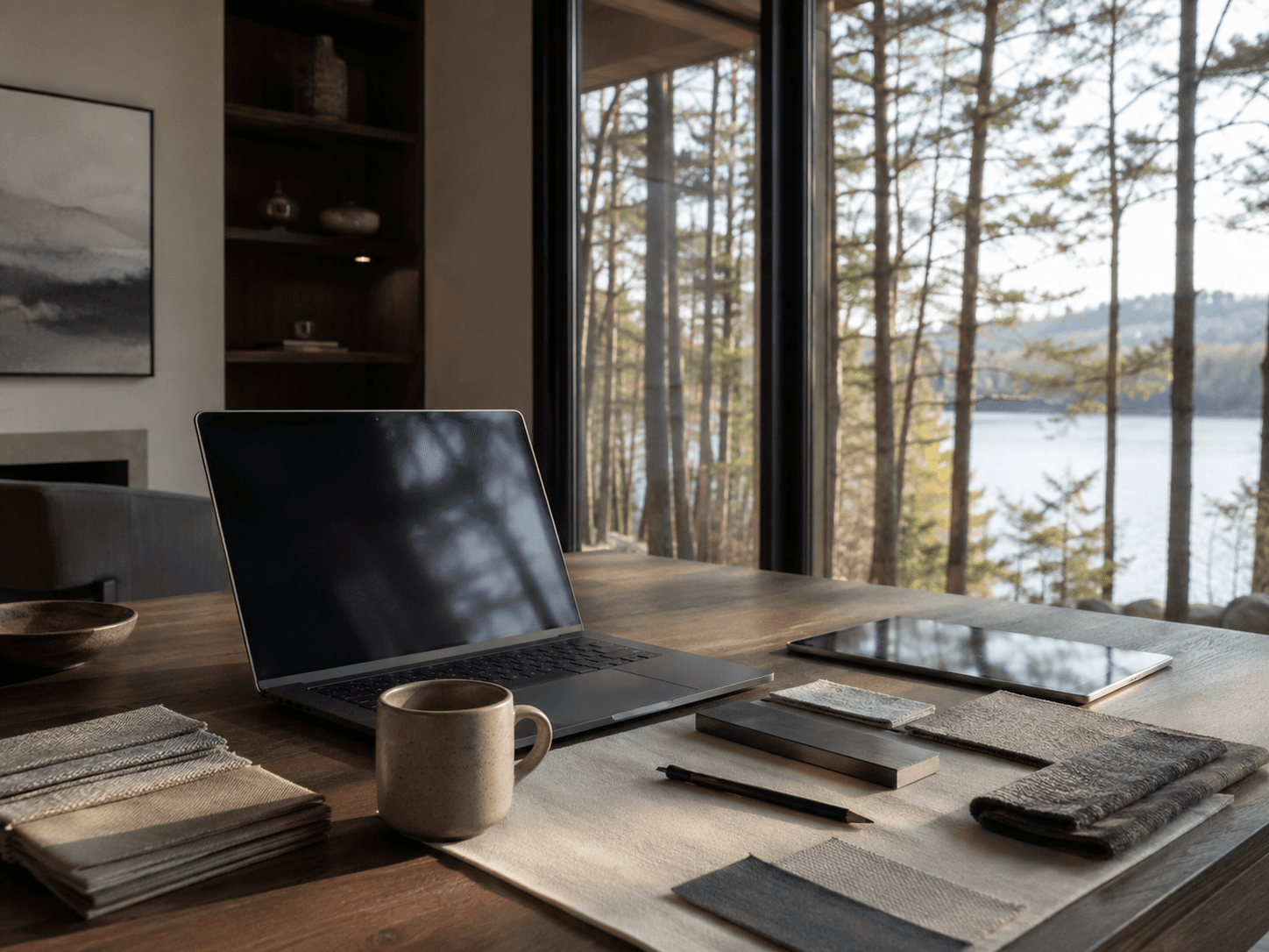 Laptop, tablet and fabric swatches on a wood desk facing a forested lake