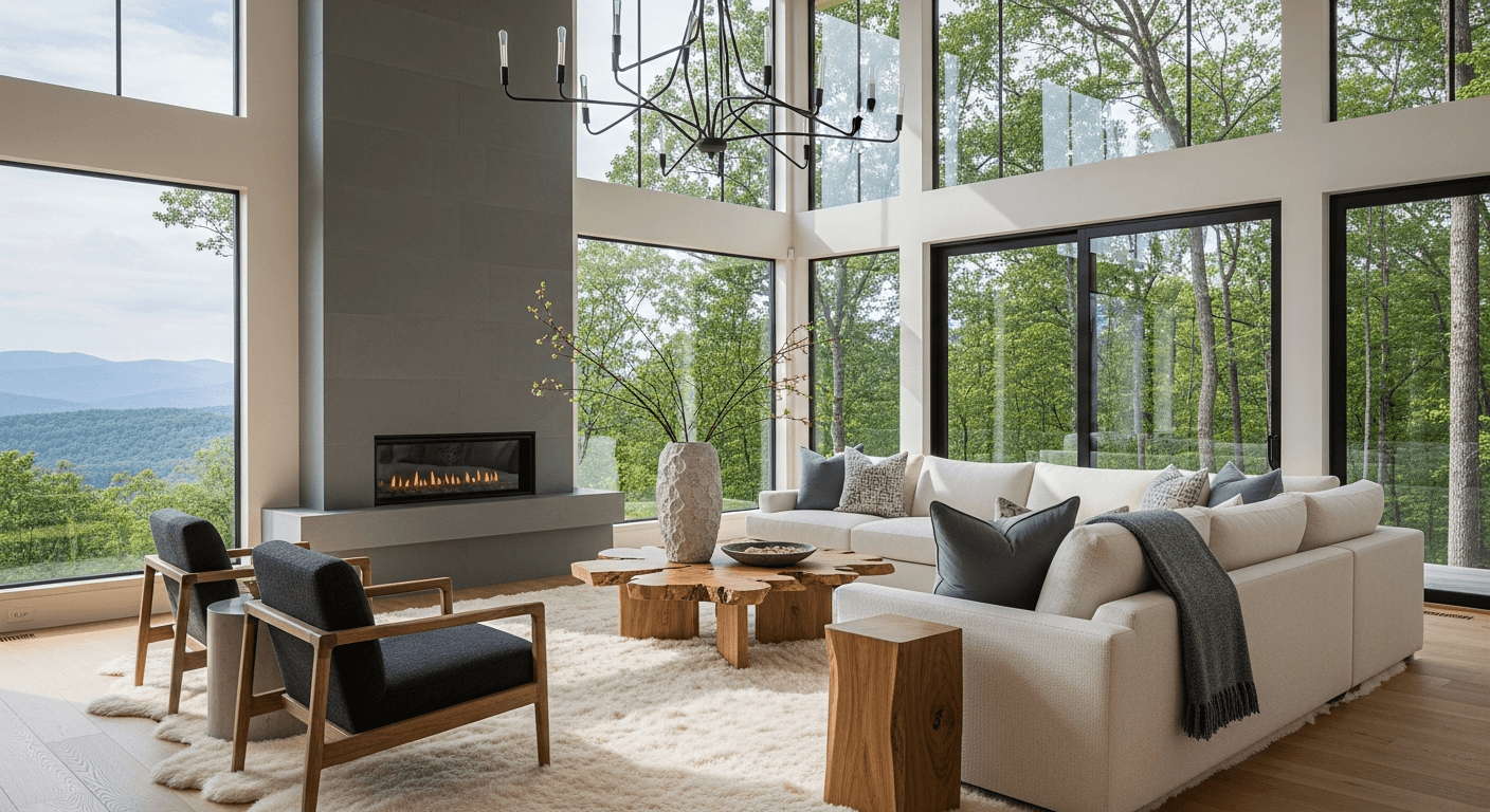 Two-storey great room with floor-to-ceiling windows and a long sectional