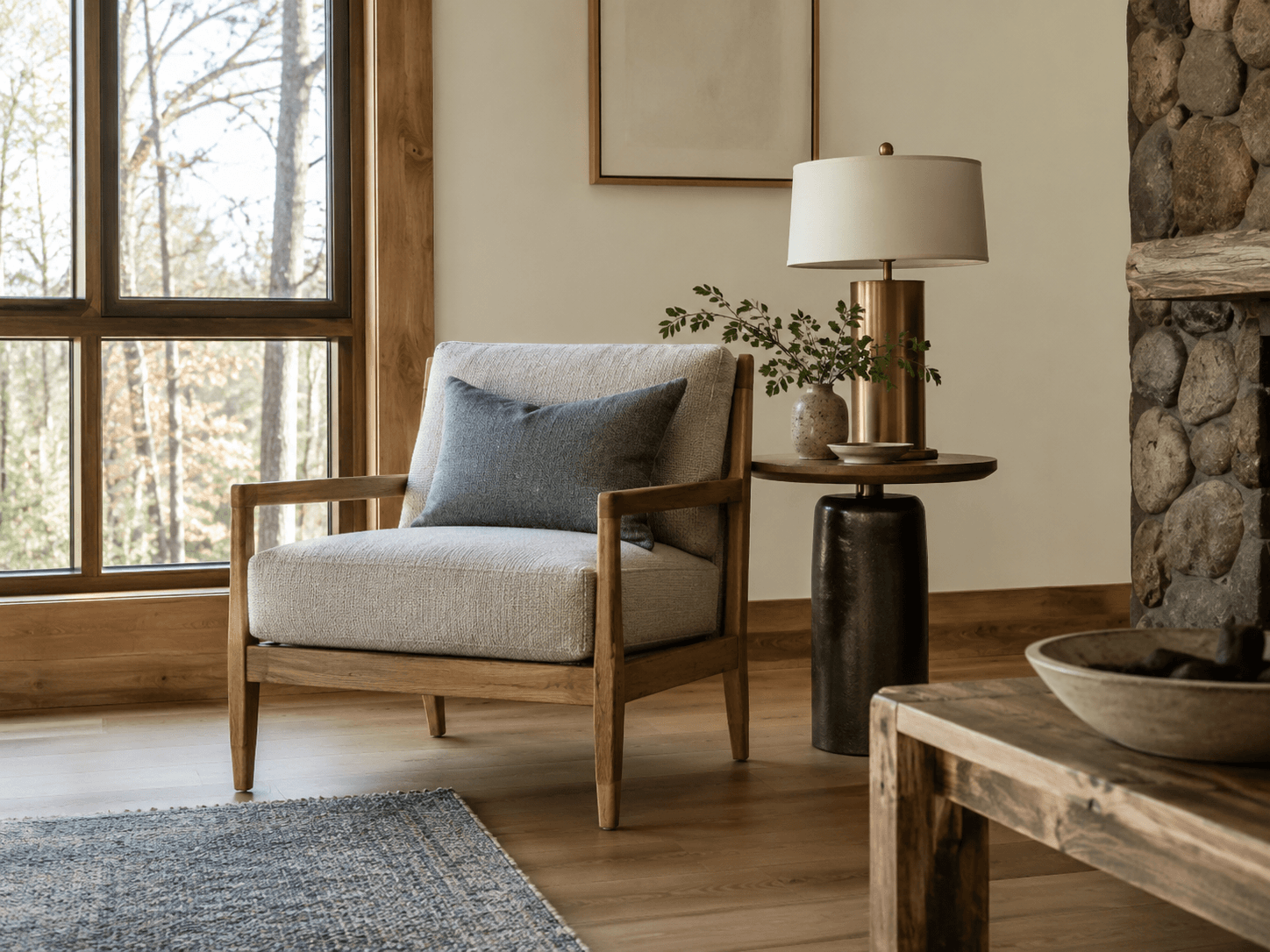 Upholstered armchair and brass lamp beside a window looking into the woods