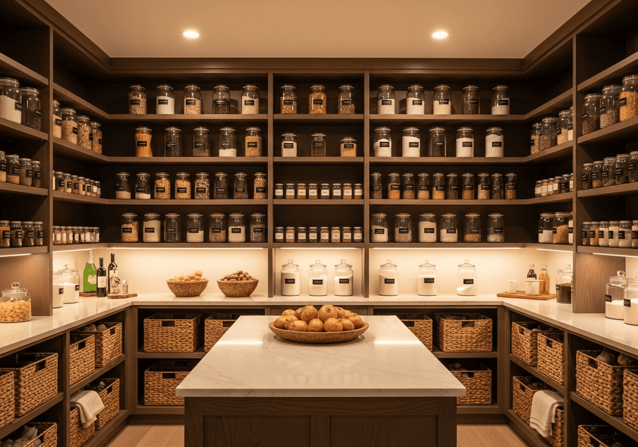 Pantry shelving with containers arranged in zones