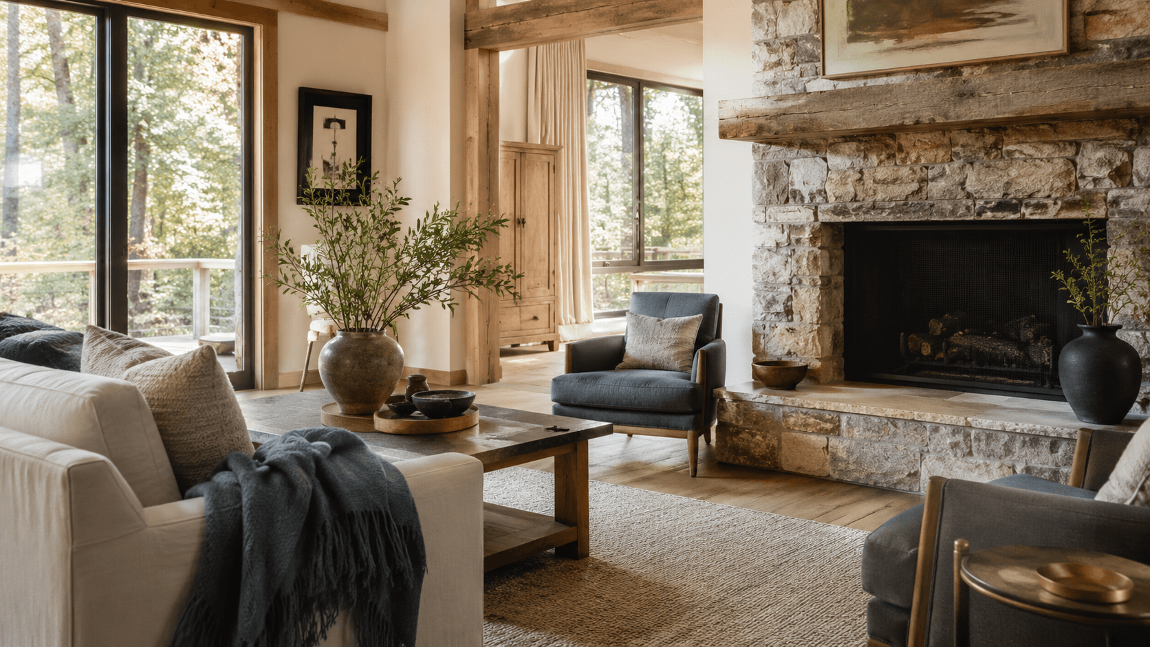 Open living room with a stone fireplace, cream sofa and charcoal chairs